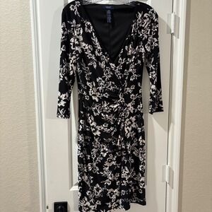 Chaps Floral Dress Women's Small Black White 3/4 Sleeve Sheath Career Party